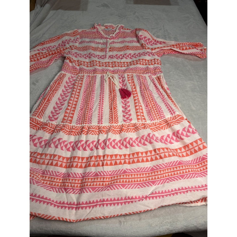 Golf Pink Orange Geometric Tiered Boho Midi Dress Tassel Drawstring Size S